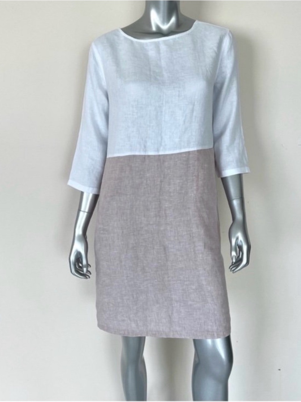Tahari Two-Tone Linen Shift Dress in White and Taupe Sz XS NWOT